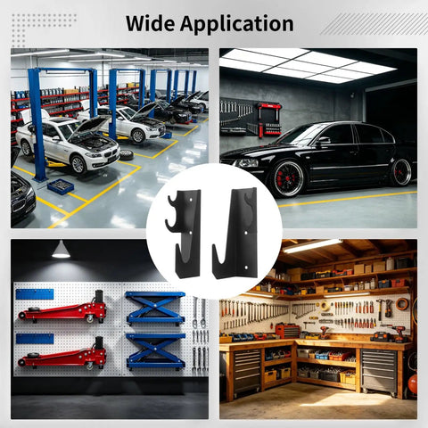 Image showing 2 Pack Heavy Duty Floor Jack Storage Rack Wall Mount Stand For Hydraulic Trolley Jacks in a garage setting.