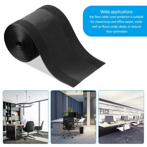Cord Cover Floor Cable Protector For Carpet 4 Inches Wide By 50 Feet Long Easy Cut To Fit Keeps Cables Sorted And Safe Prevents Trip Hazards Great For Office And Home Setup Black shown with office scenes
