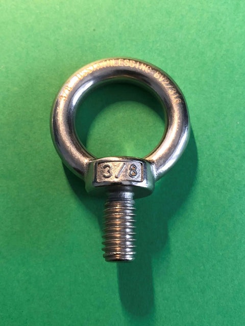 Dope Marine Grade Stainless Lifting Eye Bolt Three Eighths Inch UNC 316 Stainless For Cables And Ropes Heavy Duty Hook Eye 1320 Lb Breaking Load Rust Resistant Built For Tough Marine Use, front view on green background.