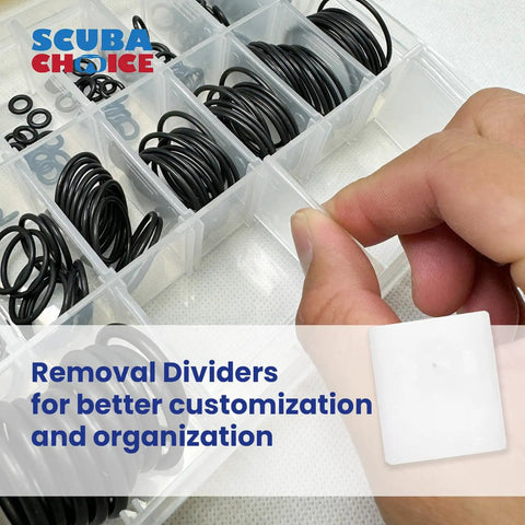 Scuba Diving O Ring Kit With Brass Pick For Gear Maintenance, 200 Piece Set Of Durable Black O Rings organized in a box with dividers