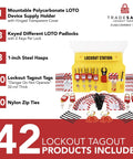 Worksite Ready Lockout Tagout Station Kit With 42 LOTO Devices, 8 Safety Lock Sets, visible on organized industrial lockout board