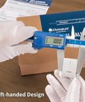 Left-Handed Digital Caliper With Large LCD Screen, Stainless Steel Body, Dual Reading In Inches And Millimeters, box visible
