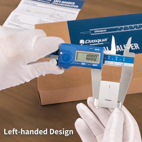 Left-Handed Digital Caliper With Large LCD Screen, Stainless Steel Body, Dual Reading In Inches And Millimeters, box visible