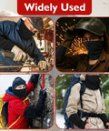 Heavy Duty Welding Sleeves And Neck Guard Set Built Tough For Cut Heat And Flame Defense Great For Garage Crews Mechanics And Yard Pros worn by workers in various industries.