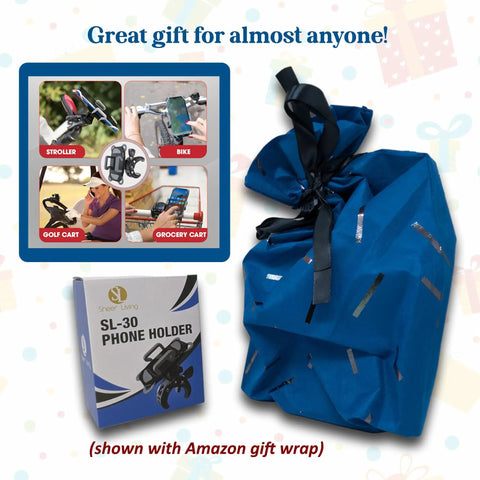 Universal Phone Mount For Strollers Bicycles Golf Carts Shopping Carts And More shown with gift wrap and packaging