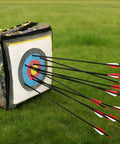 30 Inch Carbon Arrow Set With Removable Tips, 14 Pcs, hitting a target, showcasing precision and durability for compound and recurve bows.