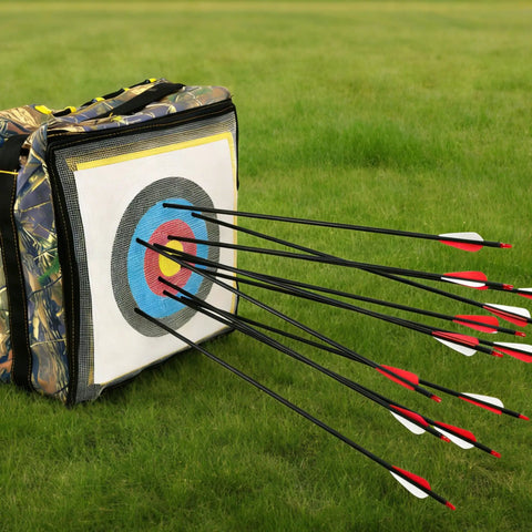 30 Inch Carbon Arrow Set With Removable Tips, 14 Pcs, hitting a target, showcasing precision and durability for compound and recurve bows.