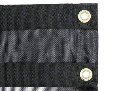 Close-up of 7x12 Vinyl Coated Mesh Dump Truck Tarp With 5 Inch 18oz Double Pockets, Reinforced Hems, Brass Grommets Every Two Feet