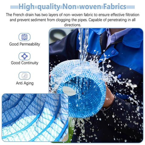 Blue Flex Drain Pipe With Nonwoven Filter Debris Mesh shows water absorption capability and durability