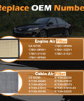 Image showing Engine Air Filter And Cabin Air Filter Kit For Toyota Camry Avalon Sienna Highlander And Lexus Non-Hybrid Models 2011-2020 With Odor Blocking Dual Protection And Easy Install, with OEM replacement numbers listed.