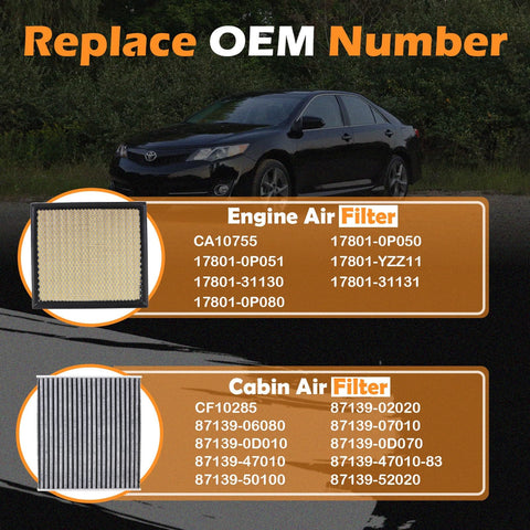 Image showing Engine Air Filter And Cabin Air Filter Kit For Toyota Camry Avalon Sienna Highlander And Lexus Non-Hybrid Models 2011-2020 With Odor Blocking Dual Protection And Easy Install, with OEM replacement numbers listed.