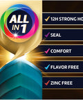 Four Two Point Two Ounce Tubes All In One Zinc Free Denture Adhesive Cream Four Pack Delivers Twelve Hour Hold For Strong Bite Power And No Food Under Dentures After Eating packaging with benefits list including 12H strong hold, seal, comfort, flavor-free, zinc-free.