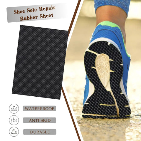 Five Millimeter Thick Shoe Rubber Sheet With Grippy Non Slip Diamond Pattern Replacement Soles For Boots Flexible Diy Shoe Making Material Non Slip Soling Rubber 15 By 11 Inches showing anti-skid texture next to shoe sole on pavement.