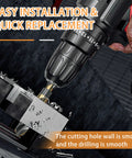 5/8 Inch Drill Bit With Reduced Shank Engineered For Metal Wood And Plastic Premium High Speed Steel featuring black and gold coating drilling into metal.