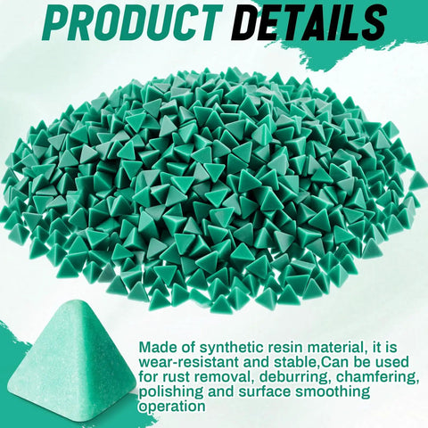 Rust Busting Resin Tumbler Media, 6.6 Lb green triangle shaped abrasive pellets for rust removal and polishing displayed in pile