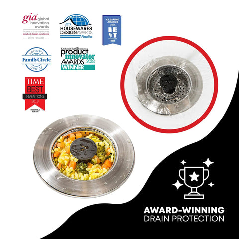 Revolutionary No Clog Sink Strainer Basket With Stopper In Durable Stainless Steel with awards and drain view