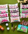 Golf Makeup Bag Set 24 Pieces Bulk Canvas Cosmetic Pouches Zip Bags 7 x 4 Inches with illustrated golf designs.