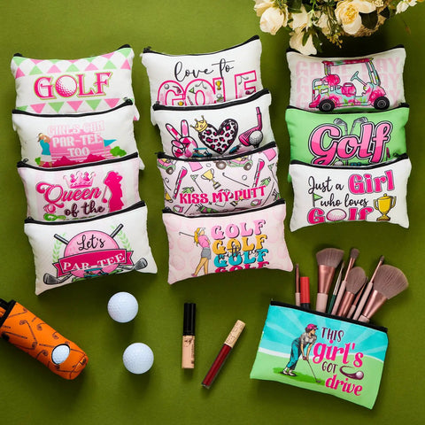 Golf Makeup Bag Set 24 Pieces Bulk Canvas Cosmetic Pouches Zip Bags 7 x 4 Inches with illustrated golf designs.