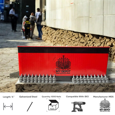 Three Quarters Inch Concrete Nails For BX3 Nailers, Carbon Steel, Flat Head, displayed on box with specifications