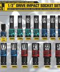 14 Piece 1/2 Inch Drive Impact Socket Set With 10-24mm Deep Sockets, Heat Treated CR-V Steel, Durable Storage Case, And 1/2 To 1/4 Inch Wrench Adapter, Metric 6 Point Sockets For Auto, Truck, And Home Projects image showing all socket sizes in the set.