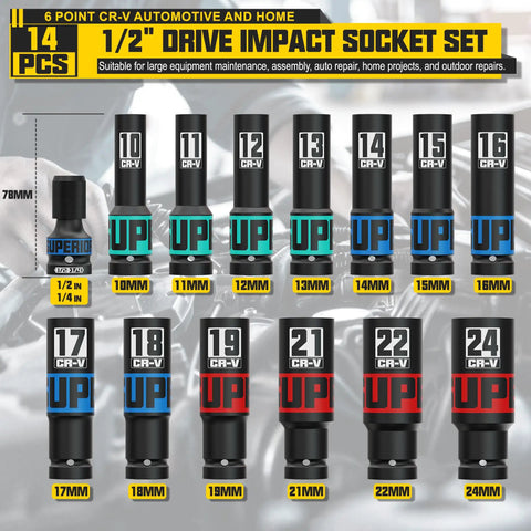 14 Piece 1/2 Inch Drive Impact Socket Set With 10-24mm Deep Sockets, Heat Treated CR-V Steel, Durable Storage Case, And 1/2 To 1/4 Inch Wrench Adapter, Metric 6 Point Sockets For Auto, Truck, And Home Projects image showing all socket sizes in the set.