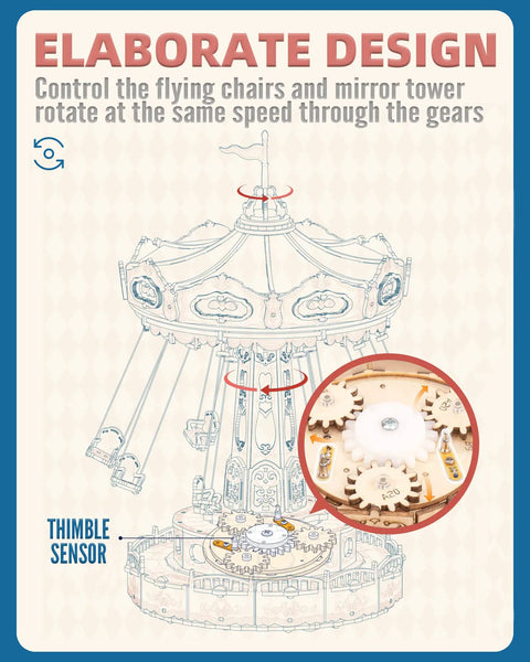 LED Swing Ride 3D Puzzle Kit For Adults And Teens, DIY Music Box Model Building Set With Lights, Rotating Seats, And Mirror Tower, Interactive Wooden Craft That Dazzles, A Killer Gift For Puzzle Nerds And STEM Fans. wooden gear diagram with rotating seats and mirror tower