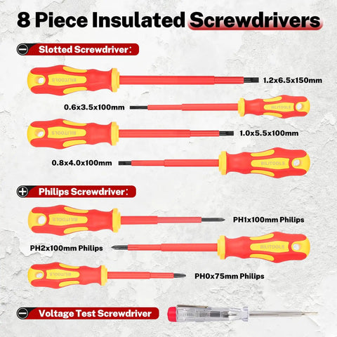 8 Piece Insulated Screwdrivers set including slotted and Philips types, designed for safe electrical work, part of Pro Grade Electrician Toolkit Featuring Vde Insulated Screwdrivers Voltage Tester Heavy Duty Needle Nose Pliers And Wire Cutters For Skilled Hands Building A Bulletproof Workbench Collection.
