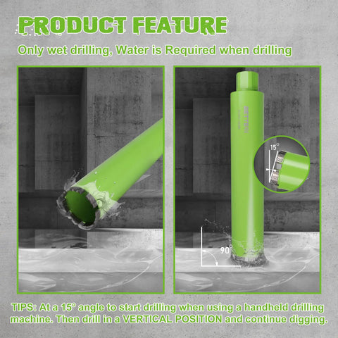 3 Inch Wet Diamond Core Bit For Reinforced Concrete With Rebar, shown at drilling angle, green color