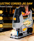 Heavy Hitting 6.7 Amp Corded Jigsaw Slays Through Hardwood And Steel, featuring bright work LEDs and variable speed up to 3000 SPM.