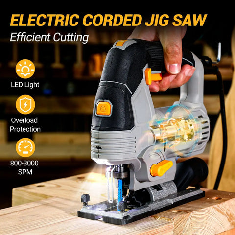 Heavy Hitting 6.7 Amp Corded Jigsaw Slays Through Hardwood And Steel, featuring bright work LEDs and variable speed up to 3000 SPM.