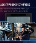 Welder using Auto Darkening Welding Lens 2x4 Shade 9 with High Definition Clarity in shop setting
