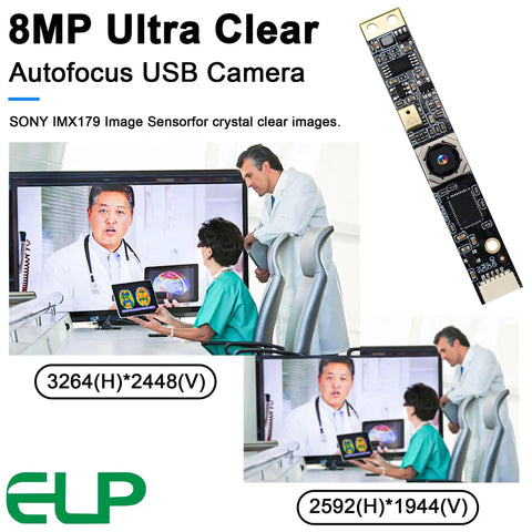 8MP USB Camera Module With Microphone Autofocus For PC And Laptop, shown with clear display and compact design
