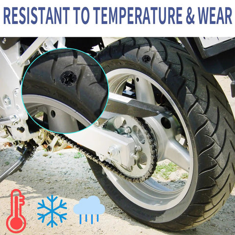 Motorcycle tire with puncture detail, showcasing Emergency Tire Repair Kit 70Pcs With Rubber Nails And Screws For Puncture Repair.