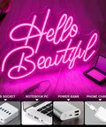 Hello Beautiful Pink Neon Sign for wall decor with USB power options, glowing softly in a bedroom setting with makeup items.