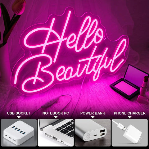 Hello Beautiful Pink Neon Sign for wall decor with USB power options, glowing softly in a bedroom setting with makeup items.