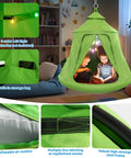 Outdoor Swing Set With Tent Swing And X Shaped Frame Sensory Swing, Kid Friendly Hammock Chair With Stand showcasing interior features like LED lights and storage bag.