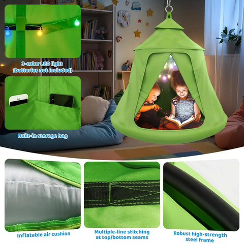 Outdoor Swing Set With Tent Swing And X Shaped Frame Sensory Swing, Kid Friendly Hammock Chair With Stand showcasing interior features like LED lights and storage bag.