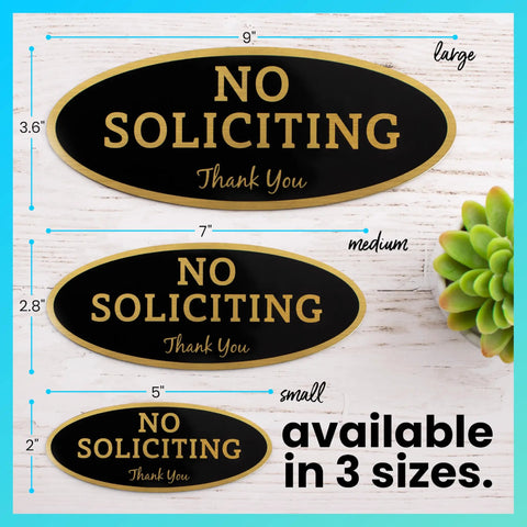 No Soliciting Sign For Home Or Business, Durable Indoor Outdoor Front Door Sign With Easy Mount Adhesive, UV And Weather Resistant Black Sign With Gold Letters, Small 2 By 5 Inches in three sizes on wood surface with succulent