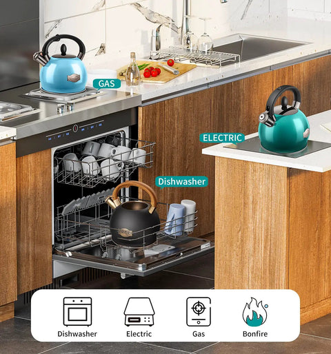 Kitchen scene with multiple tea kettles, including an Induction Ready Whistling Tea Kettle And Teapot, 2.64 Qt Stainless Steel With Cool Touch Ergonomic Handle, Polished Black, Food Grade Safe For Stove Top Home Daily Use.
