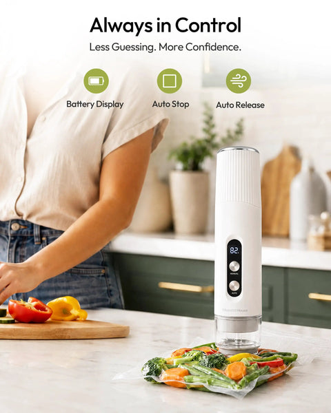 Handheld Vacuum Sealer Keeps Food Hella Fresh With Auto And Manual Modes For Wet And Dry Use, sealing vegetables on counter.