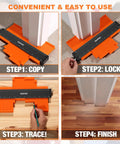 Contour Gauge Tool With Lock 5 Inch And 10 Inch Measuring Scribe For Precise Profile Duplication In Woodworking Flooring Tiling And DIY Projects Handy Handyman Gift For Men Dad shown in four steps: copy, lock, trace, and finish on flooring