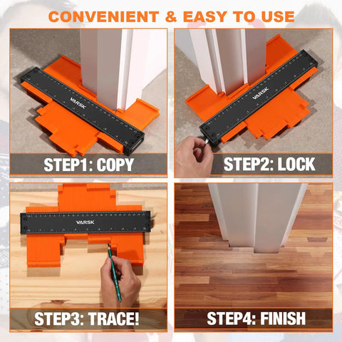 Contour Gauge Tool With Lock 5 Inch And 10 Inch Measuring Scribe For Precise Profile Duplication In Woodworking Flooring Tiling And DIY Projects Handy Handyman Gift For Men Dad shown in four steps: copy, lock, trace, and finish on flooring