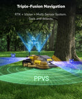 Beast Robot Lawn Mower for Large Yards up to Six Acres with AI Vision RTK Navigation near tree demonstrating triple-fusion system.