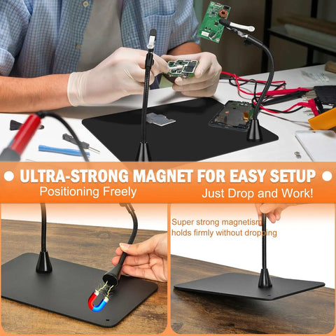 Helping Hands Soldering Station With 10X Magnifying Glass And Built In Light, Stand And PCB Holder on desk with magnet base