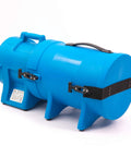 8 Inch 1/3 HP High Pressure Axial Blower Fan with canister for ventilation, showing side view of blue housing