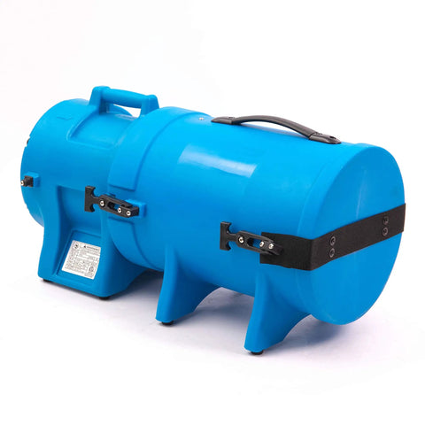 8 Inch 1/3 HP High Pressure Axial Blower Fan with canister for ventilation, showing side view of blue housing