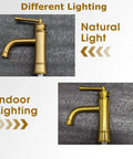 Single Hole Bathroom Faucet In Brushed Brass Gold With Pop Up Drain under different lighting conditions