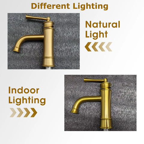 Single Hole Bathroom Faucet In Brushed Brass Gold With Pop Up Drain under different lighting conditions