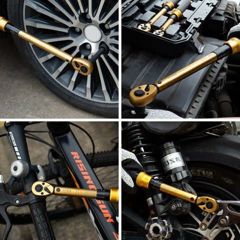 All In One Torque Wrench Set With 1/4, 3/8, And 1/2 Inch Drives used on car wheel, bike, motorcycle, and stored in case