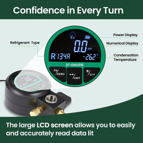 Pro Grade HVAC Digital Manifold Gauge For AC Charging With LCD Backlit Precision Pressure And Vacuum Tester That Reads kPa MPa Bar PSI With Half Percent Accuracy Built In NIST Refrigerant Database Including R22 R134A R41, green LCD display